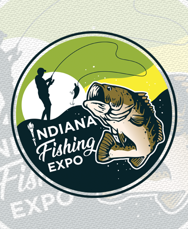 Indiana Fishing Expo logo featuring a fisherman casting a line and a large bass, emphasizing outdoor branding and fishing culture.