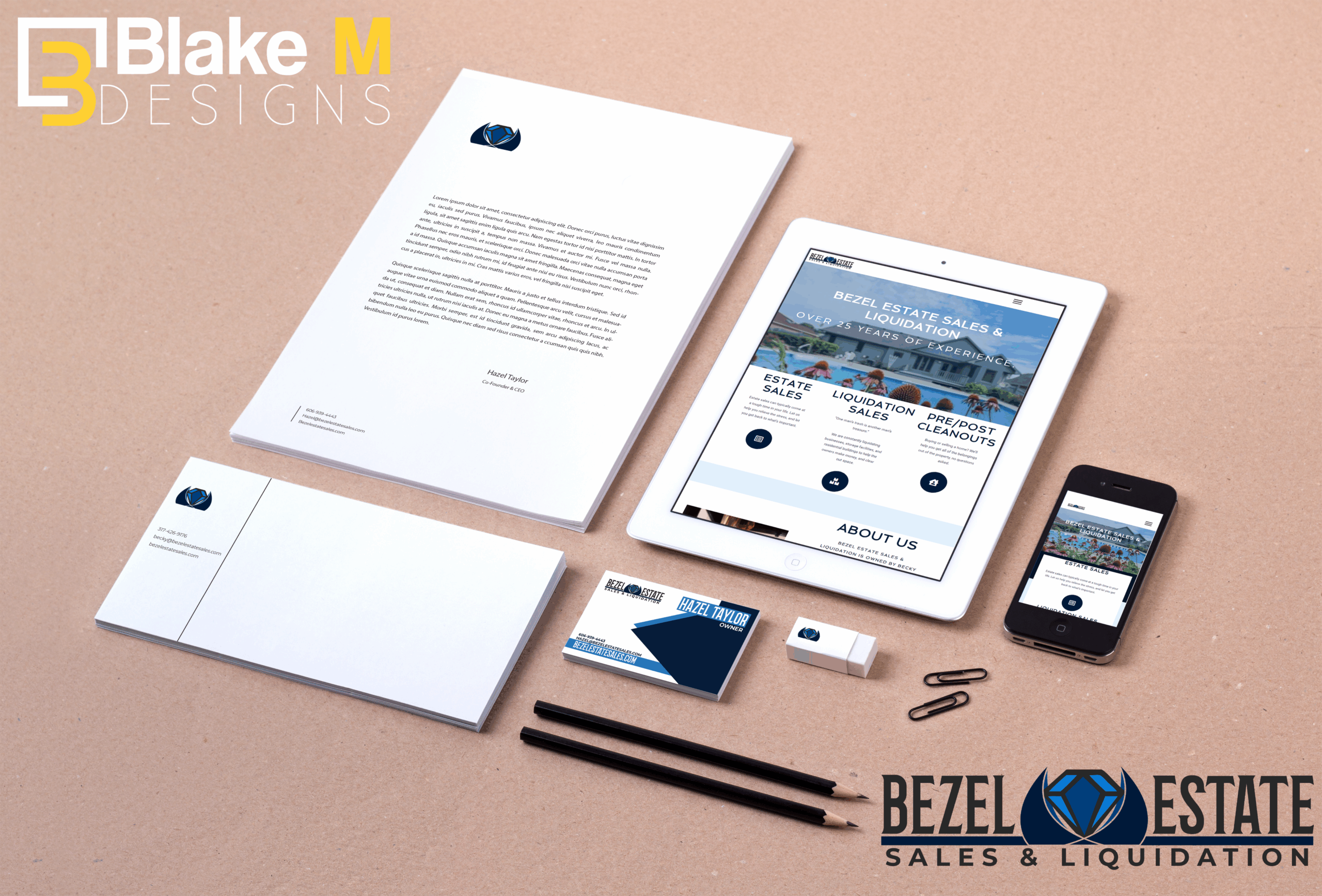 Branded marketing materials including letterhead, business cards, and digital devices showcasing Bezel Estate Sales & Liquidation website, designed by Blake M Designs.