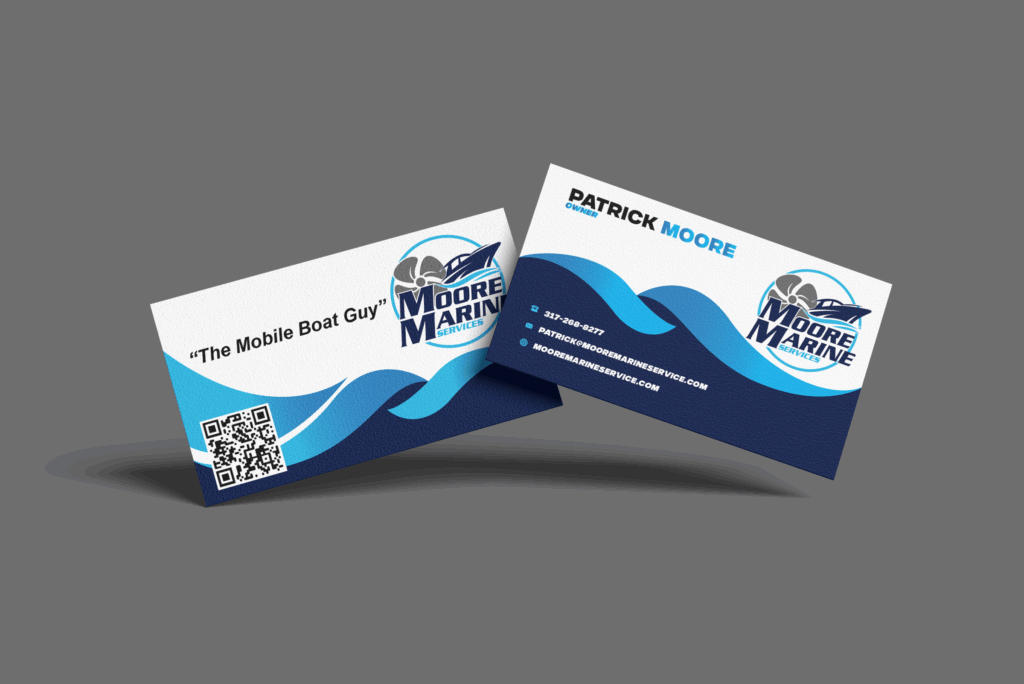 Business card design for Moore Marine Services featuring a logo, contact information, and slogan "The Mobile Boat Guy," emphasizing professional branding and high-quality visuals for effective marketing.