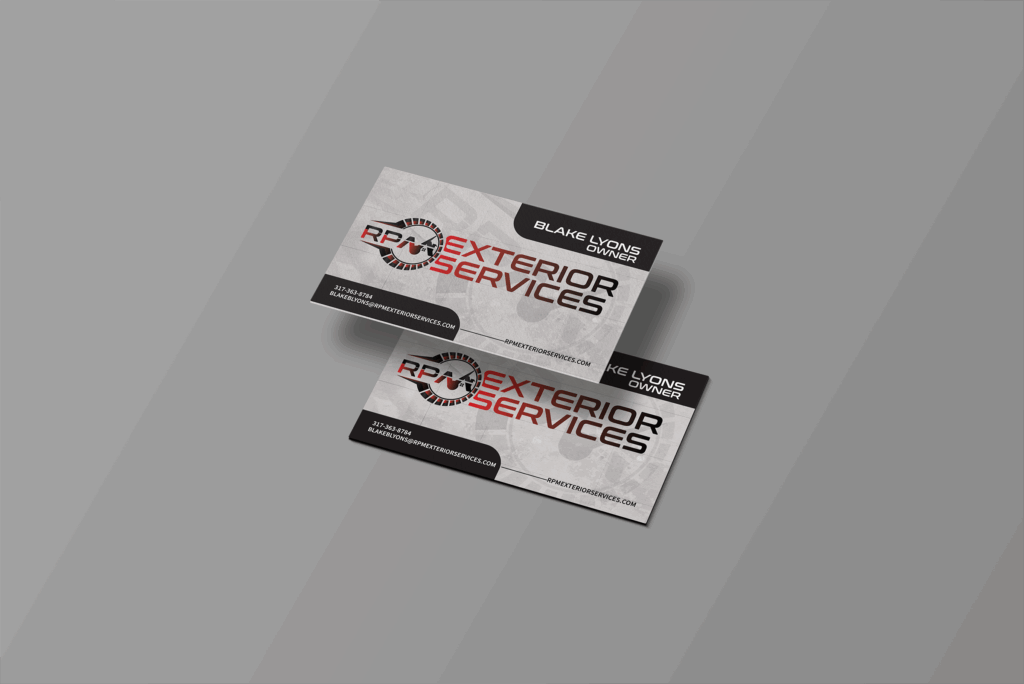 Business card design for RPM Exterior Services featuring a modern layout, bold typography, and contact information, showcasing professional branding for effective marketing.