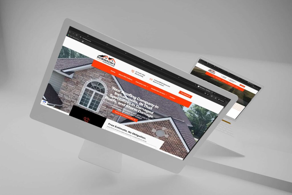 Website design for roofing company featuring a responsive layout showcasing services like roof repair and storm damage restoration, emphasizing lead generation and local SEO optimization.