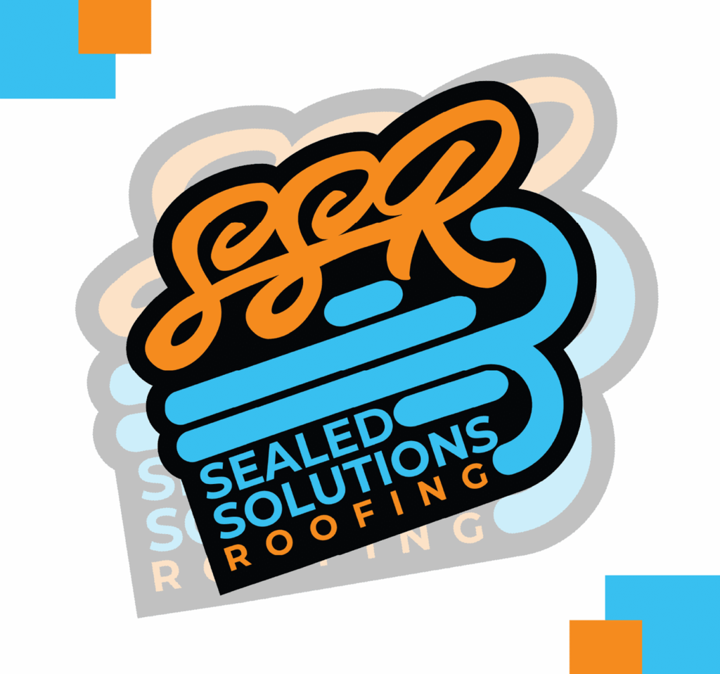 Sealed Solutions Roofing logo featuring stylized letters "SSR" in orange and blue, emphasizing branding and identity design for roofing services.